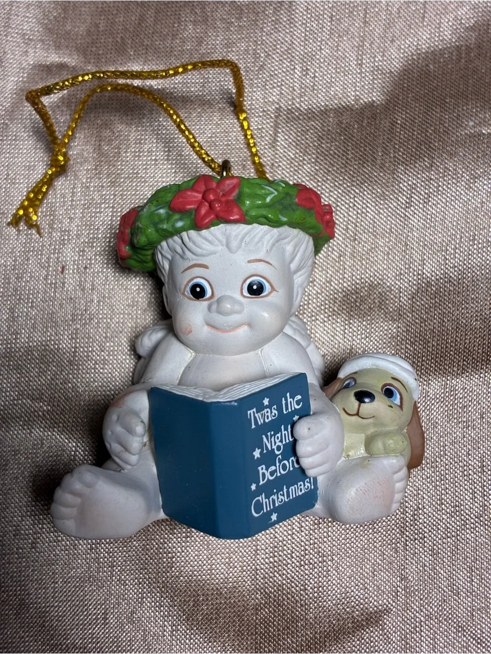 Dreamcycles White Cherub CHRISTMAS Holiday Ornament - with a puppy